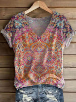 LilyWish Retro V-Neck Short Sleeve Top