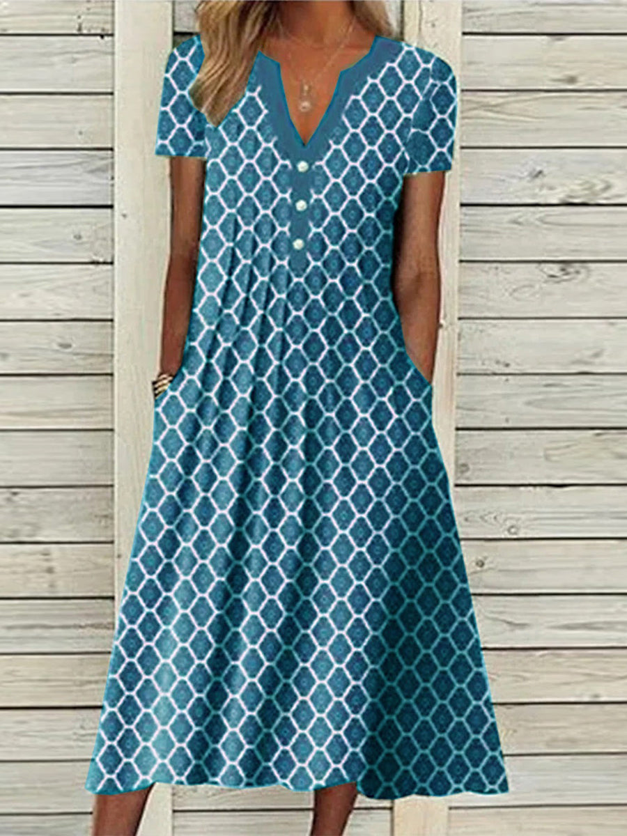 Short Sleeve Geometric Print Midi Dress