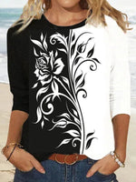 Casual Round Neck Long Sleeve Floral Printed Blouse