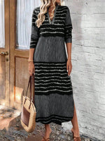 LilyWish Retro Elegant Striped Splicing Long Sleeve Slit Dress