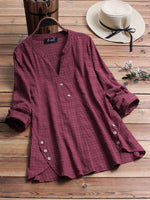 LilyWish Vintage Plaid Side Button V-neck Long Sleeve Blouse