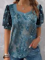 Women's Short Sleeve V-neck Floral Printed Sequins Print Stitching Top