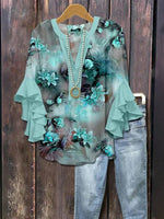 LilyWish Vintage Floral Print V-neck Half Sleeve Blouse