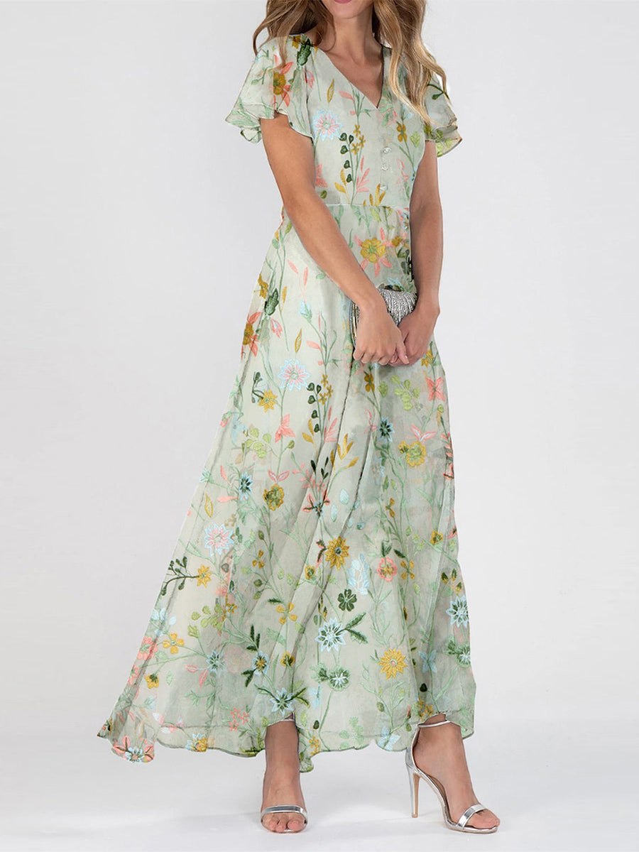 LilyWish Women's Floral Chiffon V-Neck Flutter Sleeve Maxi Dress