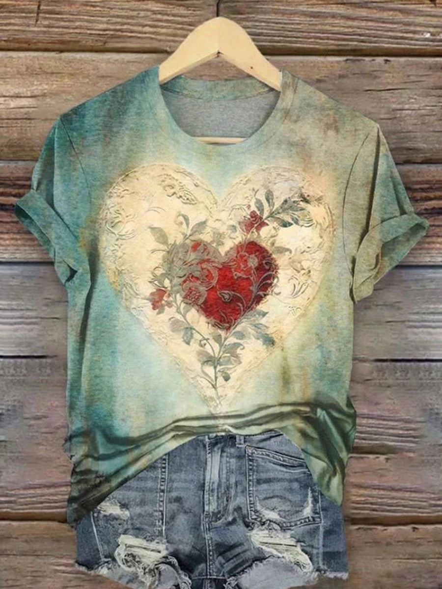 LilyWish Vintage Heart Print Round Neck Short Sleeve T-Shirt