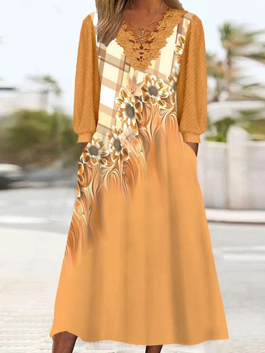 Women's Long Sleeve V-neck Floral Printed Lace Stitching Midi Dress