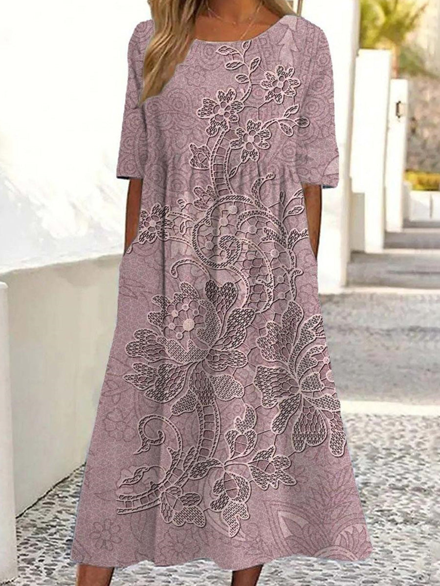 Pink Round Neck Short Sleeve Midi Dress