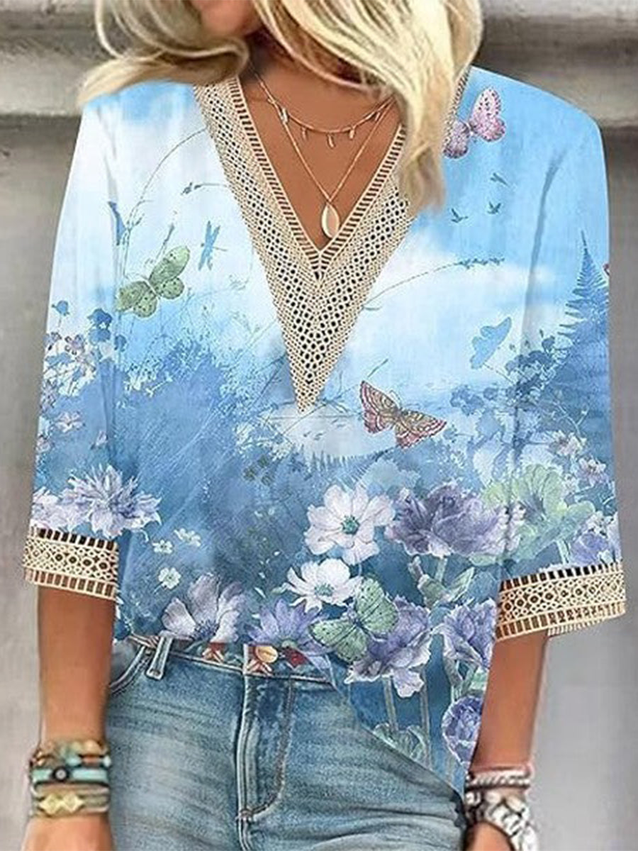 LilyWish Romantic Printed Lace 3/4 Sleeve Blouse