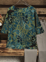 Women's Vintage Leaf Print Half Sleeve Loose Fit Casual Blouse