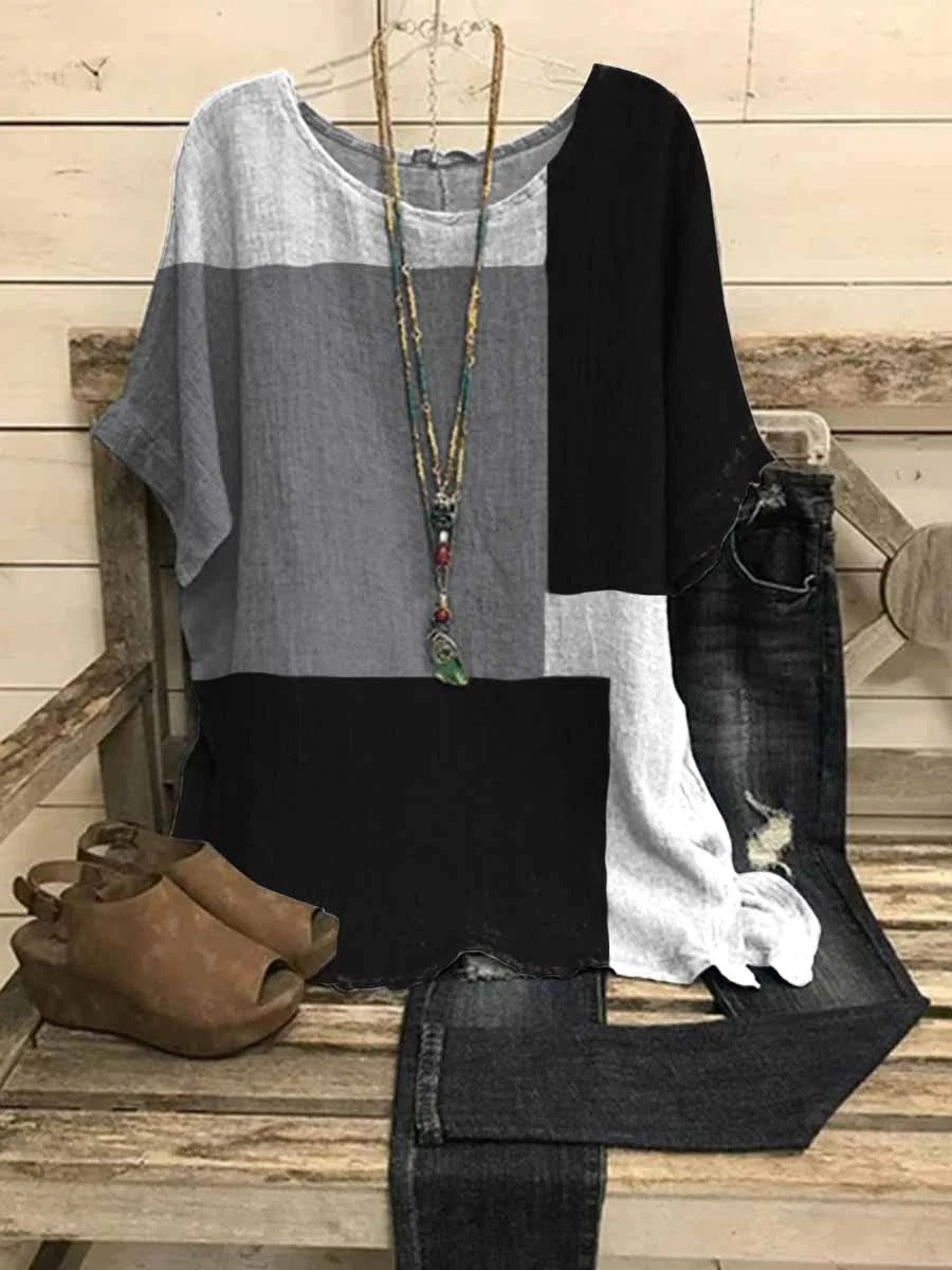 LilyWish Colorful Casual Round Neck Colorblock Printed Short Sleeve Blouse