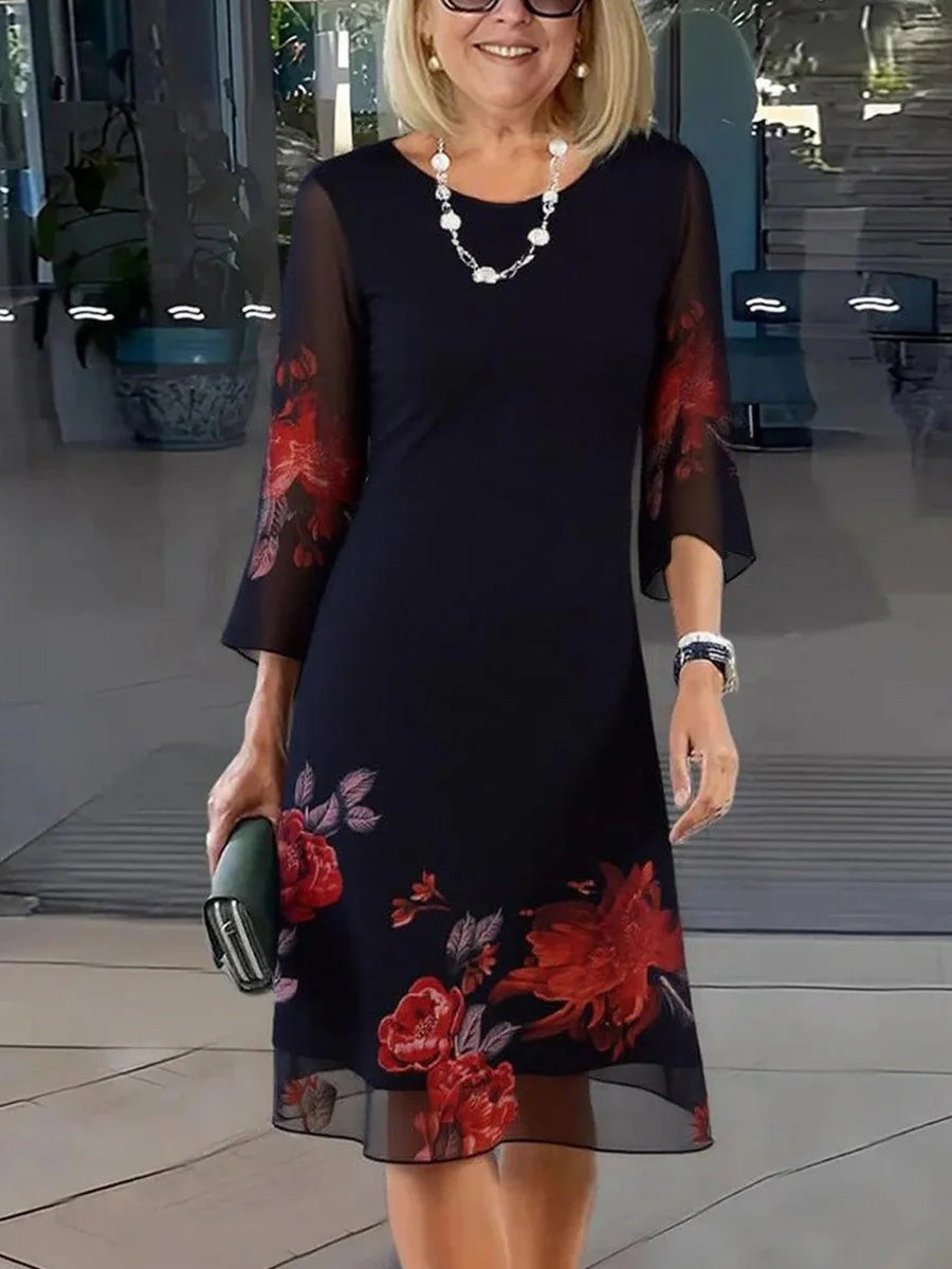 LilyWish Gorgeous Floral Print 3/4 Sleeve Mini Dress
