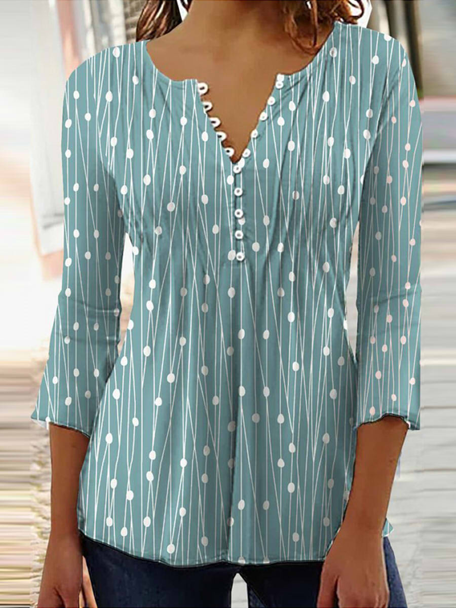 LilyWish Casual V-neck 3/4 Sleeves Polka Dots Stripes Top