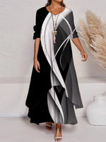 Casual Color Block Crew Neck 3/4 Sleeve Maxi Dress