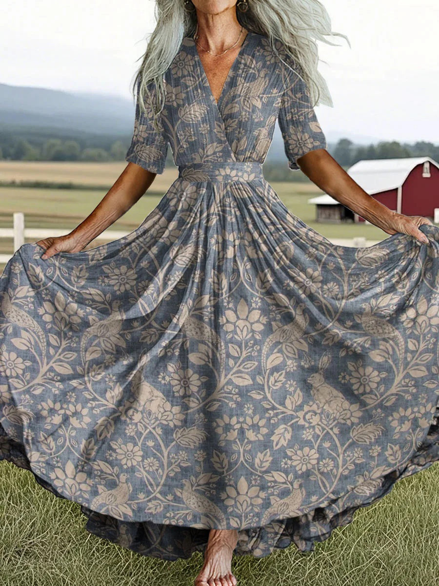 LilyWish Women's Vintage Floral Art Print V-neck Short Sleeve Maxi Dress