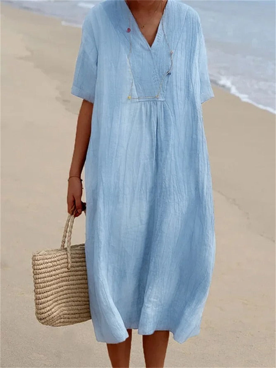 LilyWish Oose Plain V Neck Holiday Half Sleeve Midi Dress