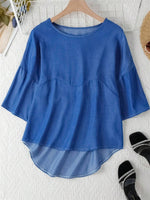 LilyWish Blue Crew Neck Half Sleeves Loose Blouse