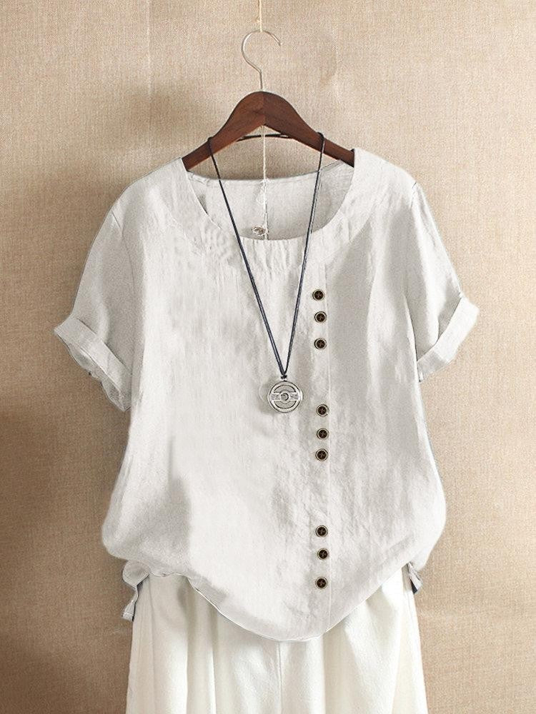 Women's Casual Loose-Fit Cotton Short Sleeve Blouse with Side Buttons