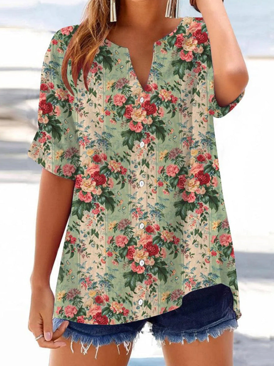LilyWish Fresh Green Floral Print V-neck Short Sleeve Top