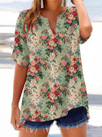 LilyWish Fresh Green Floral Print V-neck Short Sleeve Top