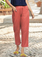 LilyWish Elastic Waist Casual Brick Red Solid Cotton Linen Pants