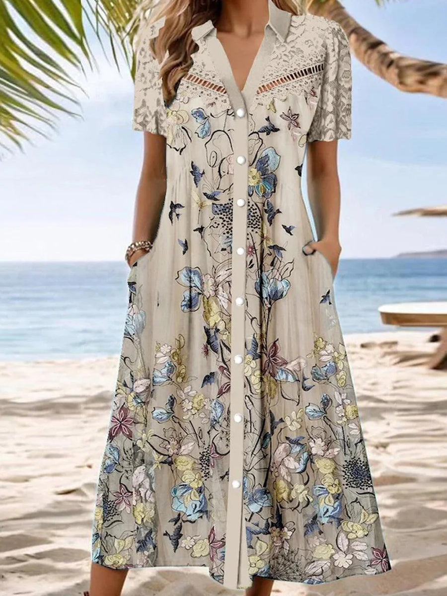 Floral Print V-neck Short Sleeve Midi Dress