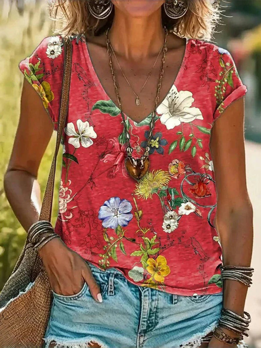 LilyWish Vintage Floral Print V-neck Short Sleeve T-Shirt