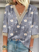 LilyWish Grey Floral Print V-neck 3/4 Sleeve Top