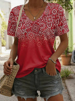 LilyWish Vintage Ethnic Print V-neck Short Sleeve T-Shirt