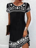 LilyWish Women's Boho Floral Embroidered Black Short Sleeve Dress