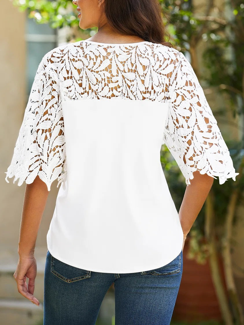 LilyWish White Casual V Neck Lace Half Sleeve Blouse