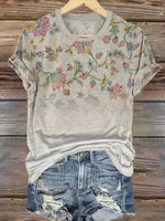 LilyWish Vintage Floral Print Round Neck Short Sleeve T-Shirt