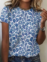 Casual Round Neck Short Sleeve Blue Top