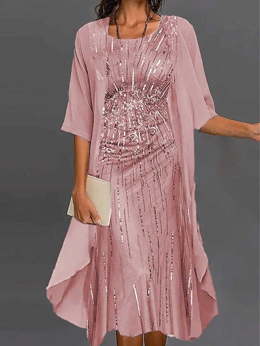 Floral Print Crew Neck Half Sleeve Loose Two Piece Dress