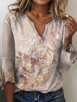 LilyWish Sweet Floral Print V-neck 3/4 Sleeve Top