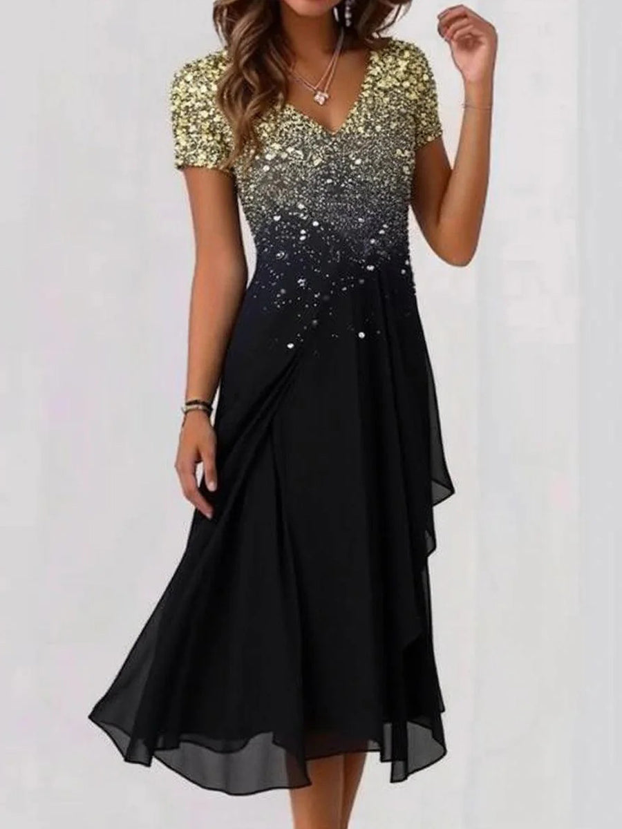 LilyWish Stunning V-Neck Short Sleeve Midi Dress