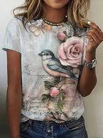 LilyWish Vintage Floral Print Round Neck Short Sleeve T-Shirt