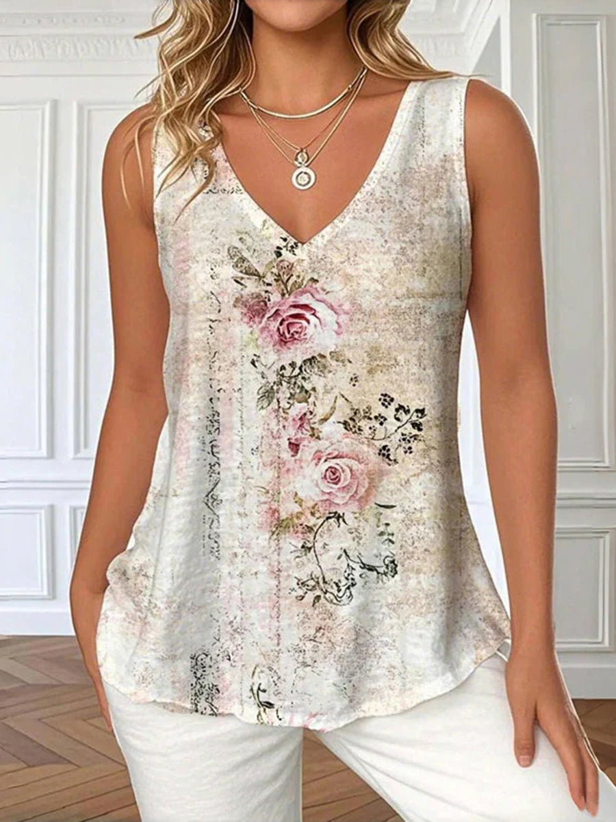 LilyWish Vintage Floral Print V-neck Sleeveless Tank Top