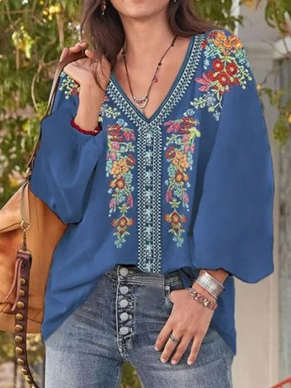 Blue Casual Graphic Tops V-neck Long Sleeve Floral Printed Blouse