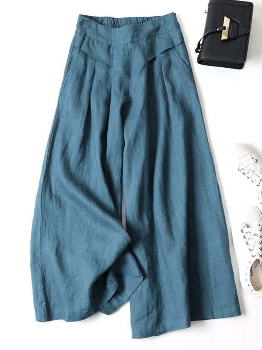 LilyWish Solid Color Ramie Cotton Plus Size Loose Ninth Wide-Leg Pants