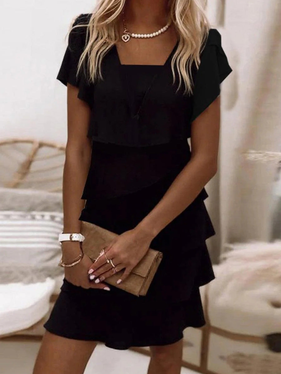 LilyWish Simple Square Neck Short Sleeve Plain Mini Black Dress