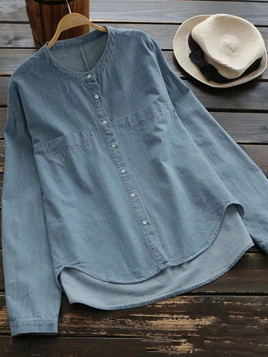 LilyWish Leisure Stand Up Collar Washed Denim Irregular Long Sleeved Shirt