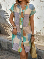 LilyWish Vintage Geometric Print V-neck Short Sleeve Dress