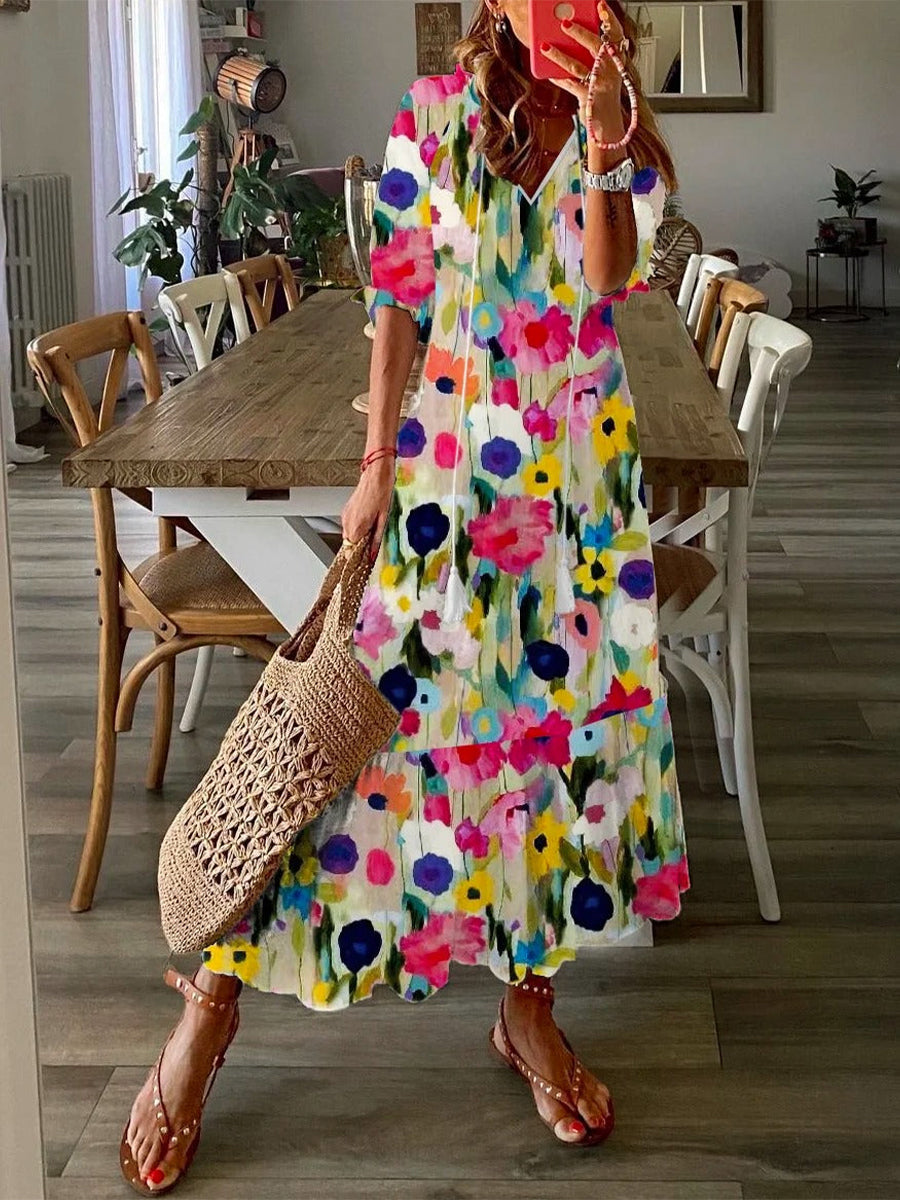 Elegant Floral V-neck Half Sleeves With Sashes Front Slit Maxi Dress