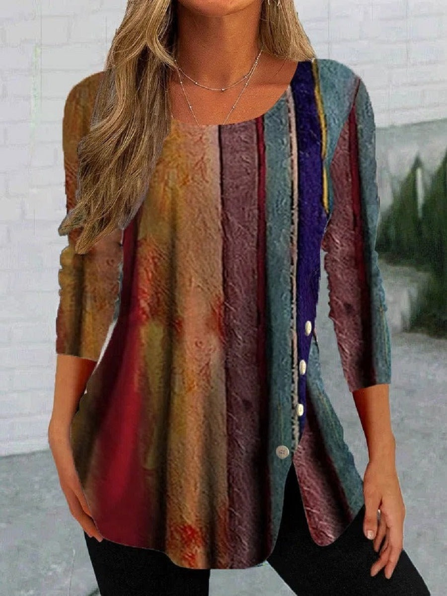 LilyWish Multicolor Casual Round Neck Stripe Long Sleeve Blouse