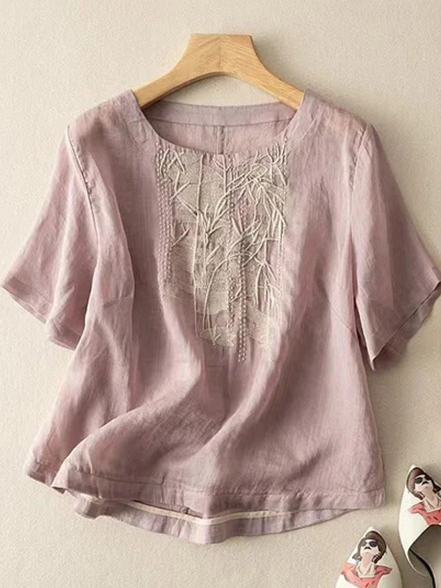 Art Retro Embroidery Short Sleeve Patchwork Shirt