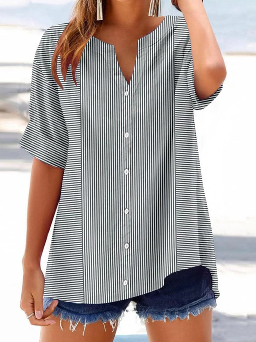 LilyWish Unique V-Neck Short Sleeve Striped Top