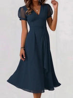 LilyWish Blue Plain V-neck Short Sleeve Midi Dress