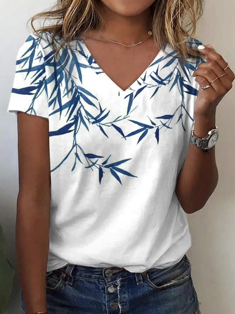 Leaf Print V-neck Short Sleeve T-shirt