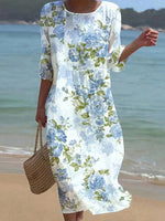 Breezy 3/4 Sleeve Round Neck Midi Dress