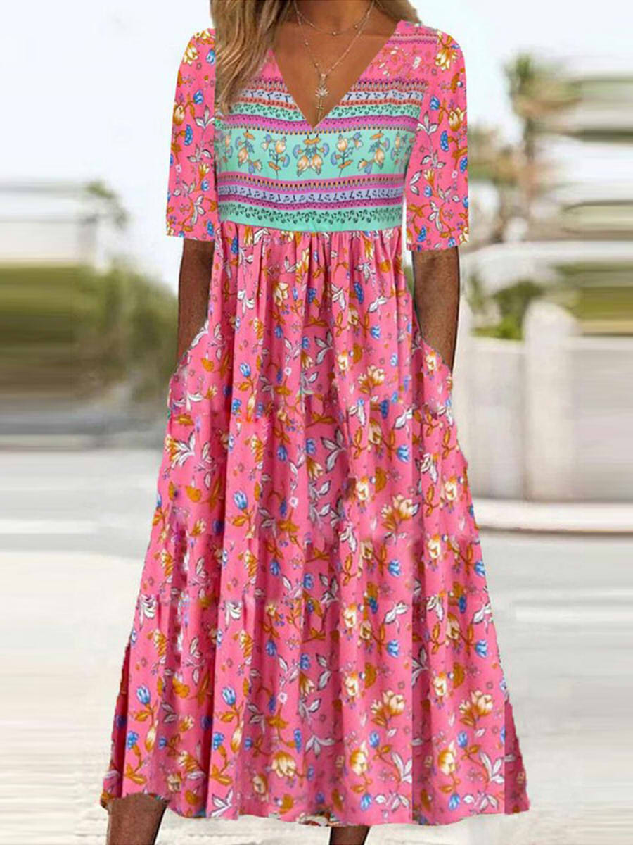 LilyWish V-neck Half Sleeve Floral Vacation Loose Maxi Dress